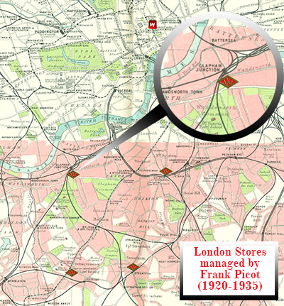 Taken from a 1920s Bartholomew's Pocket Atlas and Guide to London, we have merged Plates 3 and 16 to create a Railway Map of London and its suburbs, and superimposed the locations of the stores in the area managed by Frank Picot. The area around Clapham Junction Station, then the world's busiest railway station, is magnifieid in the top right quadrant.
