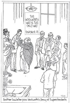 'The Woolworth Way is the Only Way - Enforce It!' A cartoon poking fun at the High Street chains fearsome army of Superintendents (Area Managers) who enforced strict discipline across the stores in the 1930s.