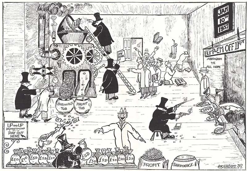 A cartoon submitted to the Woolworth staff magazine by C.A. Ingerson,  Store Manager of Wellingborough, Northants, lampooning the company's year end process of promoting, demoting or firing many of its managers in the days after their annual stock count. Many young Managers found it a very frightening time.