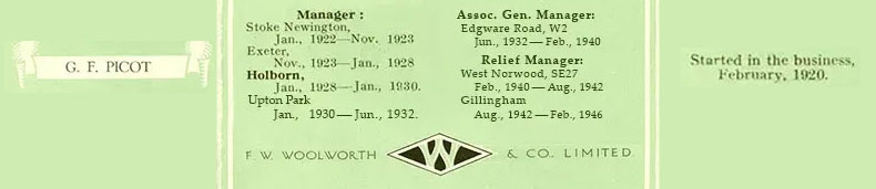 The Woolworth Career History history of George Fauvel Picot, showing his service as a Store Manager, Associate General Manager (career second in command) and a Relief Manager under War Regulations during World War II, collated from the Company's records