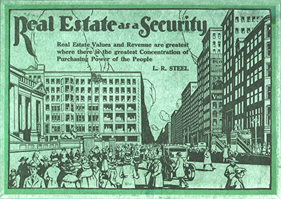 The prospectus for the L.R. Steel Company's safest property investments in the world, which proved to be the largest fraud the United States had ever seen a short while after it was published in the early 1920s.