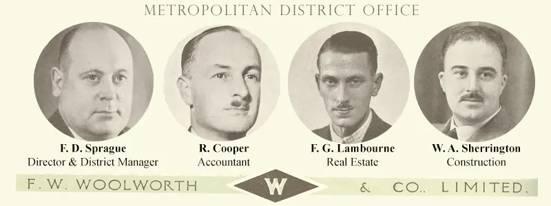 All four members of the Metropolitan District Office management with responsibilities for property and construction had a hand in obtaining approval for the major redevelopment project in Brixton. It was the most expensive freehold property development scheme that any of them had tackled for Woolworth's. Left to right: District Manager/Director F.D. Sprague, Accountant R. Cooper, Real Estate Manager F.G. Lambourne and Construction Superintendent W.A. Sherrington