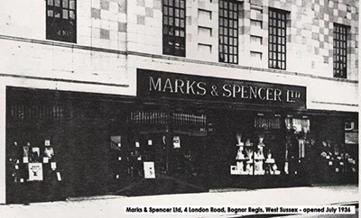 A new Marks and Spencer superstore, purpose built as part of a joint development with Montague Burton, the Tailor of Taste, replacing two private houses at the south-eastern end of London Road in Bognor Regis, half a dozen doors along from Woolworth's in July 1936. The retailer traded there for over half a century before controversially abandonning the location in favour of a second branch in Chichester suddenly in 1990.