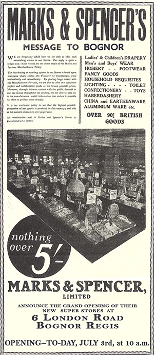 Press advertisement introducing the new Marks and Spencer Super Stores, which opened at 6 London Road to the people of the West Sussex resort of Bognor Regis when in opened in July 1936