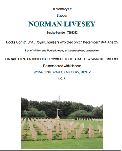 The official certificate for Sapper Norman Livesey, courtesy of the Commonwealth War Graves Commission, who do so much to maintain the memory of the fallen in the World Wars