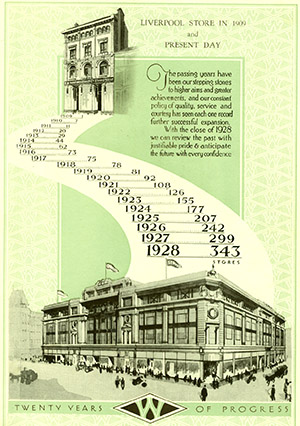 This illustration from the F.W. Woolworth 1928 publication '30 years of progress' shows the increasing pace of store openings since the first branch opened in 1909. The most recent store to open, No. 343 had been in Bow Street, Lisburn, County Antrim, Northern Ireland