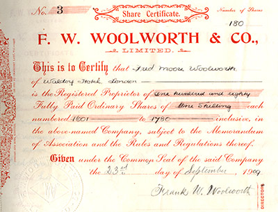 An original one shilling ordinary share certificate in the British Woolworth's, handwritten by the original Company Secretary, Samuel Balfour, made out to the Founding MD, Fred Moore Woolworth, and signed by the Honorary Chairman, Frank Winfield Woolworth, the man with his name in the masthead. It was issued soon after the group landed in the UK and before they chose the location of the first store.