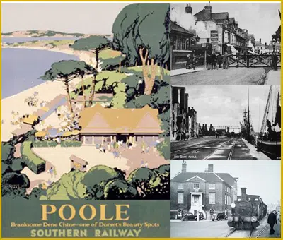 The Southern Electric Railway has been a major feature of the High Street at Poole for more than a century. Left: 1920s poster promoting excursions to the Dorset harbour, top right: level crossing, middle right: quayside, bottom right: locomotive outside the main harbour customs building