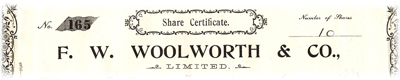 A facsimile of the ornate header of the Woolworth's Preference Share Certificate issued to Frank Picot in May 1925