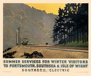 A pre-war Southern Electric poster promoting the railway company's services to Portsmouth, Southsea and the Isle of Wight