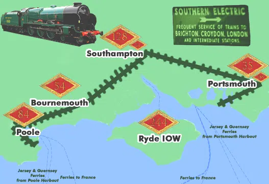 A Southern Electric train map showing the location of the stations at Poole Harbour and Portsmouth Harbour stretching thirty five miles along the central south coast of England, a the store numbers of the major Woolworth stores. In 1927/8 the branch in Poole, Dorset (No. 84) was managed by Phil Picot, and the one in Commercial Rd. Portsmouth, Hampshire (No. 35) by his older brother Frank Picot.