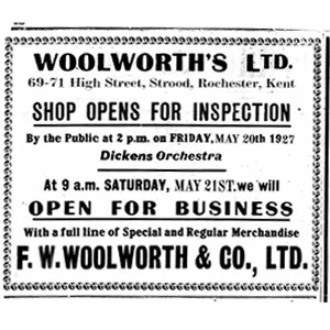 Opening and Preview Day newspaper announcement for the new Woolworth's in Strood, Rochester, Kent in 1927