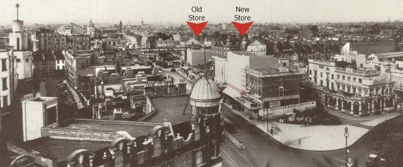 The view from the planning department at Lambeth Town Hall, looking up Brixton Road from its southern source towards central London. It was taken in Autumn 1936 as the first phase of redevelopment of the streetscape neared completion, and shows the old and new Woolworth stores and the new premises of Barclays Bank Ltd, with a wide section of the forecourt remaining, which would shortly give way for the Wenlock Brewery's new look Prince of Wales Public House.