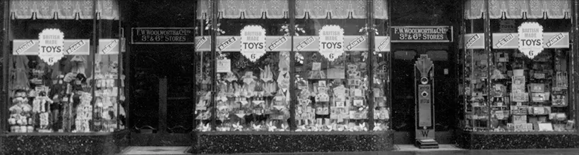 Spectacular window displays of the latest toys at a seaside Woolworth's store at Christmas 1937
