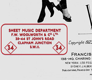 In the early days Woolworth stores sold sheet music rather than gramophone records. At the time most homes had a piano in the parlour of living room, which at least one member of the family could play. In an era before streaming and downloads, sixpenny sheets of music from Woolworth's were the cheapest way to get new songs to play at home. Most survving sheets supplied by Woolies were Store Name and Address-stamped. This was a cunning move first to encourage customers who enjoyed playing one sheet to return to the High Street to buy another to go with-it. With up to 1,000 sheets sold in a day in the 1920s, that left a lot of store=stamping to do!