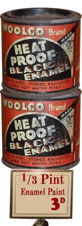 A British-made threepenny tin of aprox. 200ml of Woolco Heat-Proof Black Enamel, made in Bury, Lancs. by the leading Woolworth's Supplier Donald Macpherson and Company who served the retailer throughout almost a century of trading in the High Streets of the United Kingdom