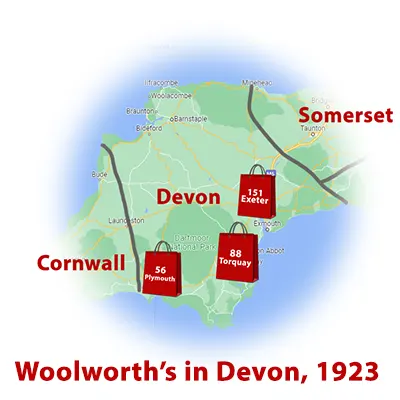 Map showing the first three Woolworth stores to open in Devon, a county in South West of England. Store 56 at Plymouth had been the first when it opened on October 2, 1915, with No. 88 in Torquay the second on February 7, 1920. When Store 151 opened in Exeter on December 1, 1923 it brought the told to just three outlets. At the time there were not yet any Woolworth stores in Cornwall, to the West of Devon
