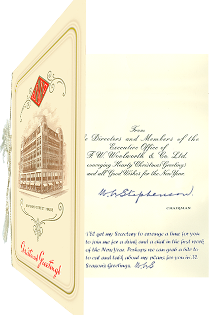 Woolworth's swanky new Mayfair headquarters in New Bond Street featured on its newly-elected Chairman's personal Christmas Cards in 1931, following the retailer's listing on the London Stock Exchange. All were personally signed, but this is one of only a few had a handwritten personal greeting to complement the pre-printed salutations intended for major investors and chain's top brass