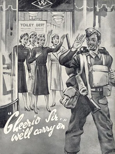 The cover of Woolworth's New Bond Staff Magazine from Autumn 1939 featured the hand-drawn image of a Store Manager in uniform answering the nation's call and heading off to war. Those who waited to be conscripted were rewarded with extra pay and bonuses, while anyone who volunteered did not get this perks and would find themselves considerably poorer and more bitter by the time they retired.