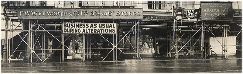 Here we grow again - during the 1930s many of the original F.W. Woolworh stores were extended and upgraded. Careful planning ensured trading continued as the original building was taken down brick-by-brick, and a new larger one was built around the original salesfloor, enveloping neighbouring properties