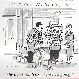 This cartoon from the Xmas 1950 edition of the F.W. Woolworth house magazine The New Bond (Vol. 9 No. 6) asks 'why don't you look where he's going?' - an appropriate question each year end as District Managers shuffled their Store Managers hither and yon like pawns on a giant chessboard. Some decisions totally defied comprehension.