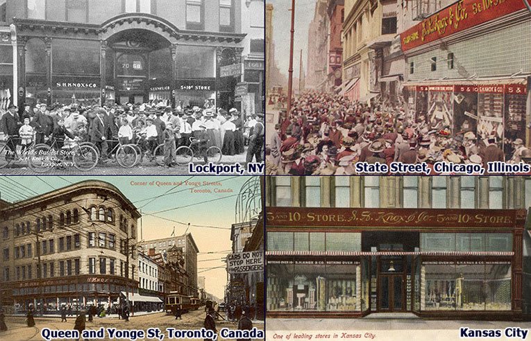 Seymour Knox was behind the selection of many of the five-and-ten buildings that later became iconic branches of F. W. Woolworth Co.  The picture shows the S.H. Knox flagships in State Street, Chicago and the corner of Queen Street and Yonge Street in Toronto, Canada