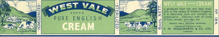 West Value Pure English Cream - sold for sixpence for 6 oz tin at Woolworths in 1939 (170 grams for 2.5p, the equivalent of 14p per litre)
